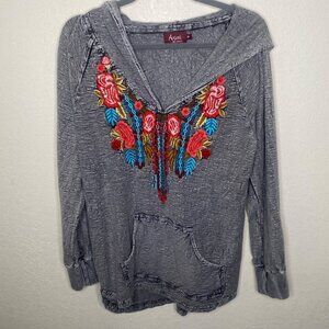 Avani Del Amour Embroidery Hoodie Womens Size M Gray Floral Cotton Boho Pullover